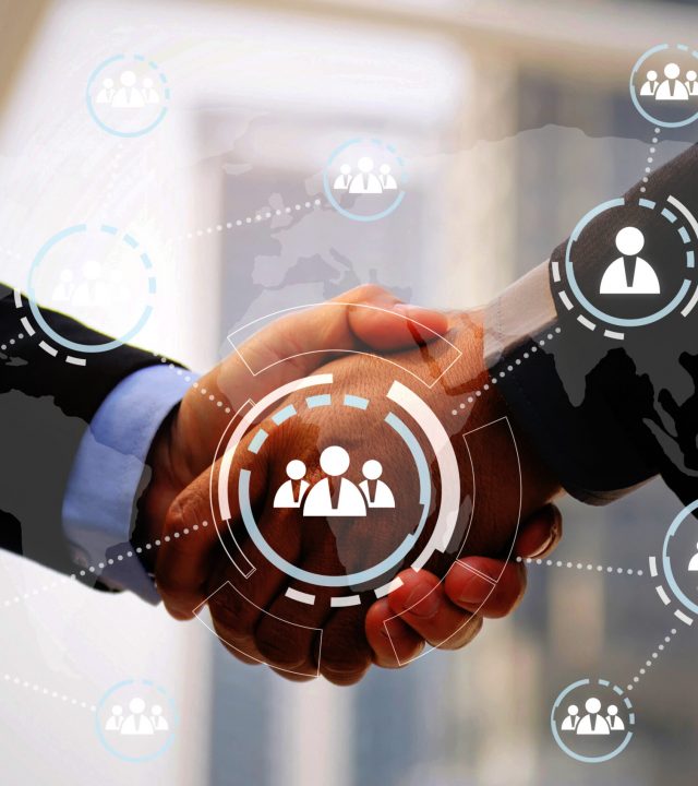 business man in suit handshake after finishing up a business meeting with virtual innovation, network connection interface diagram, congratulation, success, partner, teamwork and community concept